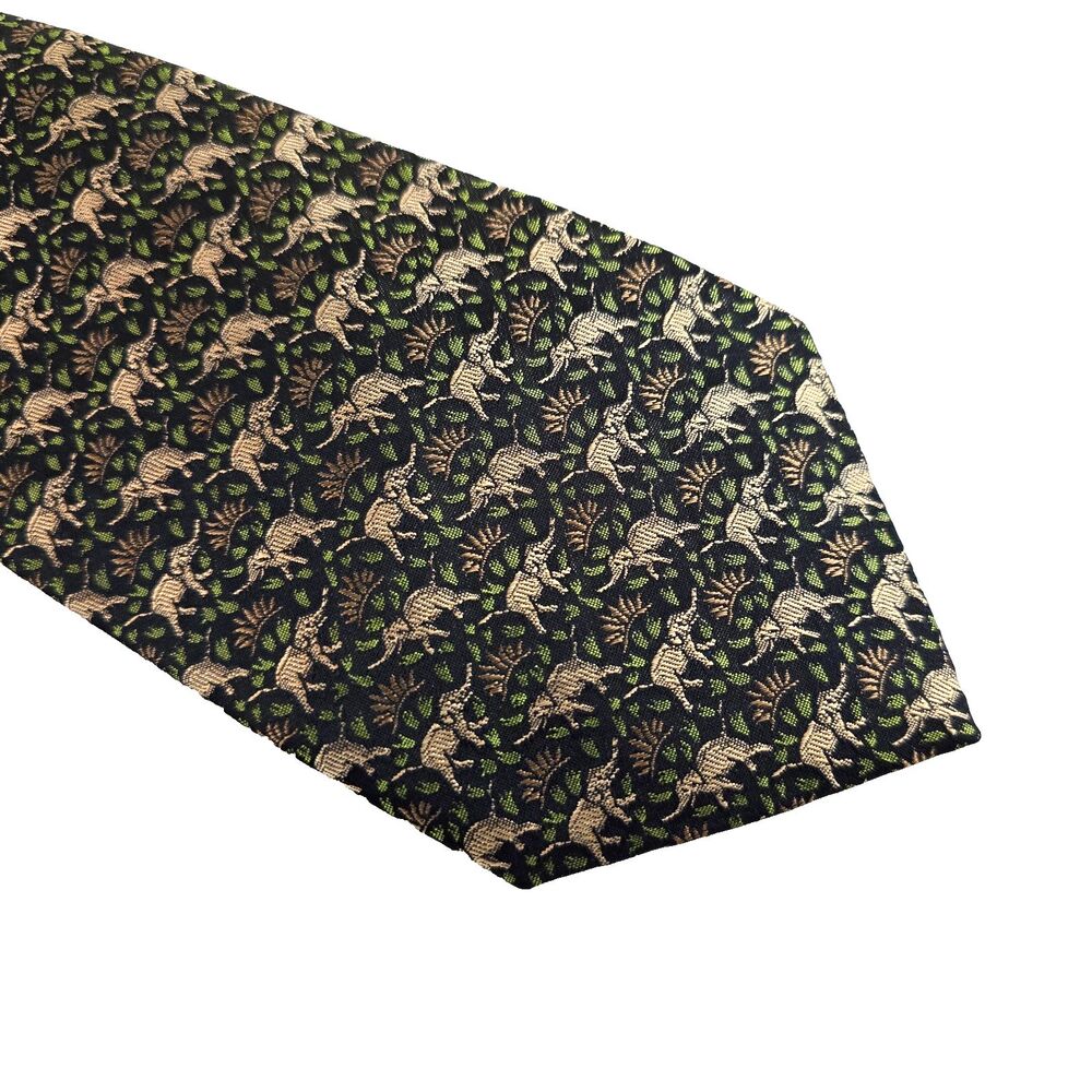 JM Thompson Silk Tie Black Green Elephant Nature Jungle Animal Pattern Classic
